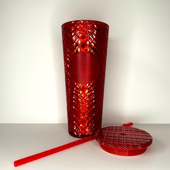 Cranberry Red Starbucks Diamond Pattern Tumbler Cold Drinks - Picture 3 of 5